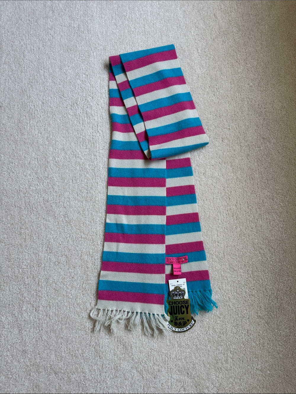 New Vintage Juicy Couture Pink, Teal & Cream Stripe Cashmere Striped Scarf